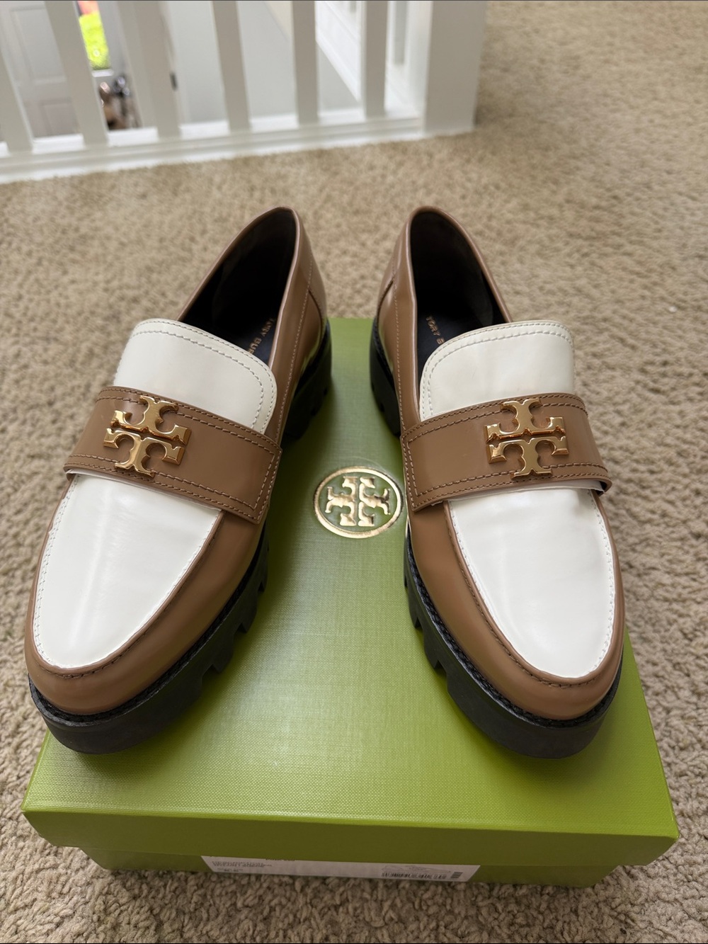 Tory Burch White and Brown Leather Lug Sole Loafers with Gold Logo
